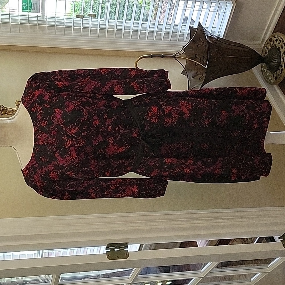 Antonio Melani red purple black print dress 3/4 slv round pleated neck 14 EUC